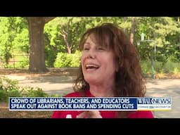 Crowd of librarians, teachers and educators speak out against potential book bans and spending cuts