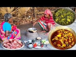 CHICKEN MEAT And SHAK DAL CURRY cooking &eating by tribe old couple.