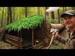 Secret Survival Shelter Under A Tree | Wilderness Cabin Project Using Hand Tools | Axe