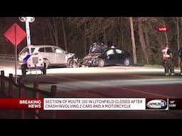 Section of Route 102 in Litchfield closed after crash involving two cars and a motorcycle