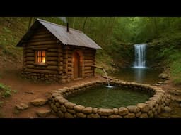 stone house, round wood, with fish pond from beginning to end