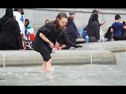 Homeless woman cleans the Royal Fountain from coins thrown by tourists