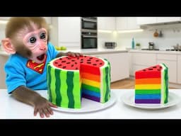 Monkey Baby Bon Bon Eats Colorful Watermelon and Escapes from the Giant Shark