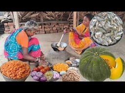PUMPKIN CURRY  And SMALL FISH CURRY cooking by tribe village couple for eating with rice.