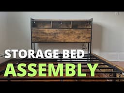 HAUSOURCE Bed Frame with Bookcase Headboard and 2 Drawers LED Lights Assembly | Antioch Bed Frame