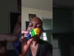 eating rainbow sliced cake