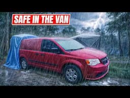 Van Camping in a Thunderstorm with Heavy Rain, attached Tent Shelter  - Car Camping Van life