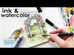 Ink and watercolor  rose garden gate