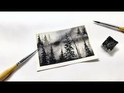 Watercolor pine tree forest moodscape painting tutorial » How to paint mist and evergreens BEGINNER