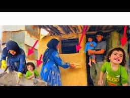 "Plastering the walls of the house: Children helping their mother"