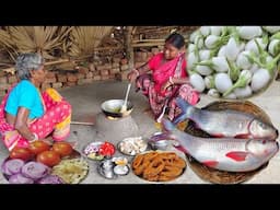ROHU FISH CURRY with WHITE BRINJAL recipe cooking in tribal method by tribe grandma &granddaughter.