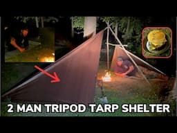 Solo Overnight Building a 2 Man Tripod Tarp Shelter. Camp Like a King