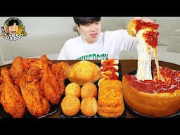 ASMR MUKBANG 굽네 고추바사삭 치킨먹방! 시카고피자 볼케이노치즈치밥 먹방 & 레시피 CHICKEN & PIZZA EATING SOUND!
