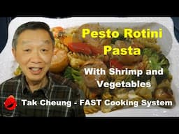 Italian in a wok: Shrimp pesto rotini pasta with 5 vegetables.  Delicious in 10 minutes.