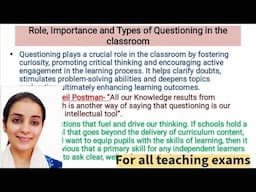Role, Importance and Types of Questioning in the classroom/ language Across the Curriculum