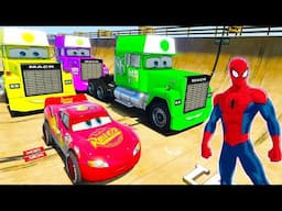 GTA V SPIDER-MAN & SHARK Mcqueen Mack Truck Hauler New Epic Stunt Challenge Over Sea