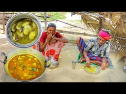 PUMPKIN POTATO CURRY & MANGO CHATNI cooking and eating by santali tribe old couplw