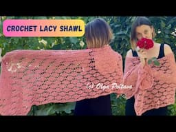 Crochet Rectangular Lacy Shawl, Full Tutorial