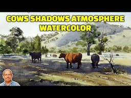 How to paint cows and shadows in an atmospheric watercolor landscape. Watercolour landscape painting