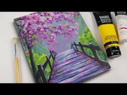 How to paint Blossom over the Bridge🌸EASY Acrylic Painting Tutorial/Beginner Painting STEP by STEP