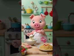 A little pig makes creamy pasta in a macaron-colored kitchen.