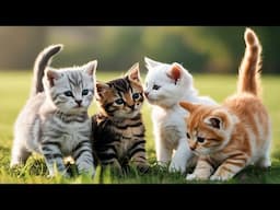 Beautiful cat in the sun, running with dog, rabbit, horse, cow