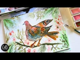 Whimsical Watercolor Bird Tutorial using Kuretake Art Nouveau - Step by Step including drawing