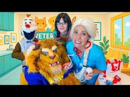 Elsa the Doctor! Jasmine and Olaf HELP Beast Feel Better - Veterinarian Fun for Kids!