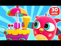 Hop Hop the owl repairs the broken wheel of a toy ice cream car and have fun with Peck Peck.