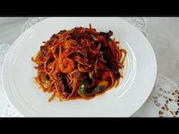 How to make stir-fry spaghetti beef, shrimps, and vegetables  #pastarecipe #food #follow