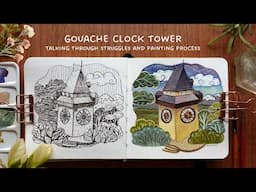 Whimsical Clock Tower Painting in Gouache