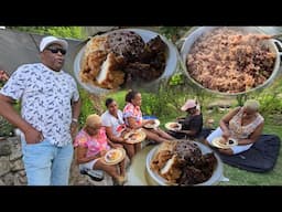 Cooking our guests Sunday dinner | oxtail , french fry chicken rice & peas real out doors cooking
