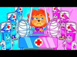 Lion Family | Pink vs Blue Crayons Doctor Team | Cartoon for Kids