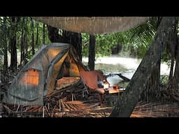 Cozy SOLO Camping in RAIN [ Tucked away in the Jungle right next to a creek, relaxing ASMR ]