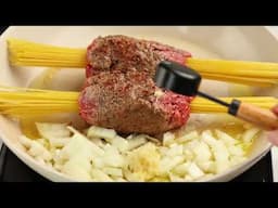Spaghetti im Hackfleisch in einer Pfanne! Verrücktes Rezept mit wenig Zutaten (4K)