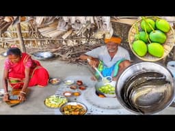 GREEN MANGO AND SNAKE HEAD FISH CURRY cooking & eating by santali tribe old couple