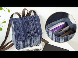 DIY Cute Patchwork With Divider Denim Backpack Out of Old Jeans Waistbands | Bag Tutorial | Upcycle