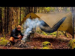 Bushcraft Tarp Camping In Light Rain And Cooking Smoked Fish On Campfire