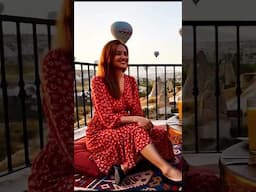 Breakfast on a rooftop in Cappadocia at sunrise, Turkey. Hot air balloon on background #Shorts