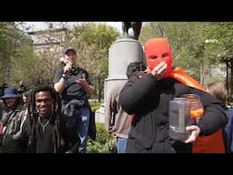 "Cheesball Man" Devours Two Buckets of Cheesballs for Charity - Union Square NYC