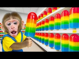 KIKI Monkey play Rainbow Jelly Machine and Swimming at Watermelon Pool with Ducks | KUDO ANIMAL KIKI