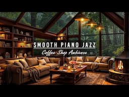 🌧️Cozy Rain Cafe Corner with Smooth Piano Jazz Music & Warm Fireplace on the Forest for Relax, Sleep