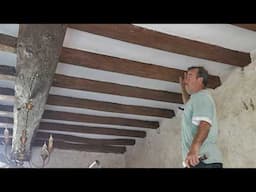 Work continues in the Chateau Tower Room with a low cost solution for stripping the old beams