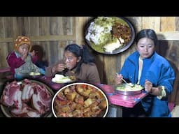 Pork Gravy Recipe with Rice | Village style pork cooking & eating | Rural Village kitchen Food Vlog