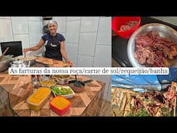 Cozinhando diversas delícias no meu fogão à lenha/fazendo carne de sol/ requeijão/almoço e banha