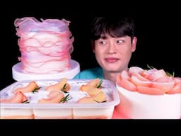 ASMR 상큼한 복숭아 생크림케이크🍑복숭아 파티팩 와구와구 먹방~!! Peach Cream Cake With Peach Cake Box MuKBang~!!