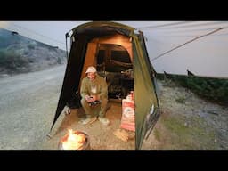 Camping In The Rain On A Mountain Popup Tent