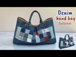 How to sew denim patchwork into beautiful handbag,sewing diy denim hand bag tutorial, upcyclingjeans