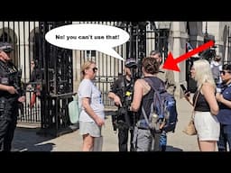 Armed Police Officer CONFRONTS a man for using a very long stick in front of a horse!