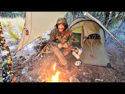 Tent Camping On Mountain In Rain Storm